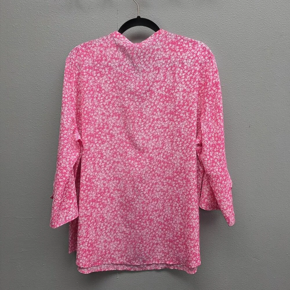 Gaharu Shirt Womens 2XL Pink Floral Split V Neck Bell Sleeve Flutter Blouse - Picture 5 of 12